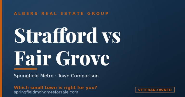 Side-by-side comparison guide of Strafford and Fair Grove, Missouri small towns near Springfield from Albers Real Estate Group