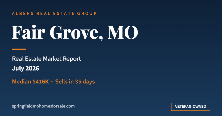 Fair Grove MO real estate market report July 2026 - median $416K, sells in 35 days